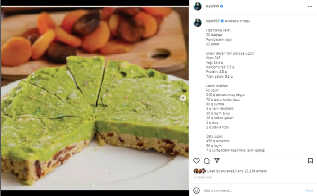 Leyla Əliyevadan şəkərsiz, amma şirin PİROQ RESEPTİ - FOTO