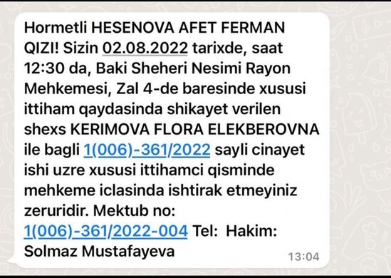 Afət Fərmanqızı da Flora Kərimovanı məhkəməyə verdi