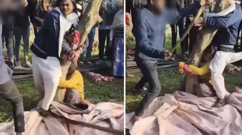 "Uyğunsuz vəziyyətdə'' tutduqları din adamı və evli qadını ağaca bağlayıb döydülər - VİDEO