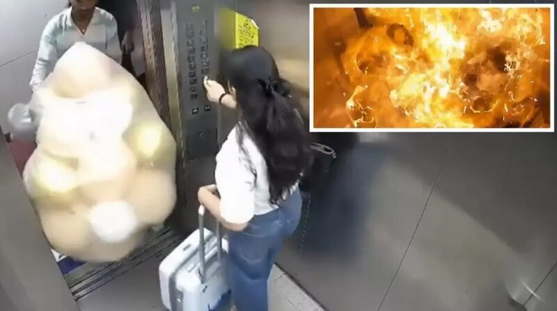 Liftdə partlayış: Şarlar partladı, alov hər yeri bürüdü - VİDEO