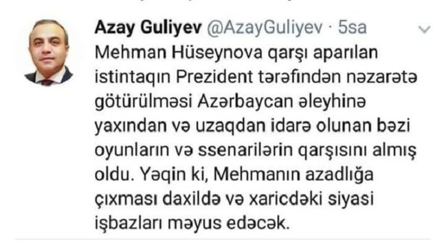 "Mehmanın azadlığa çıxması siyasi işbazları məyus edəcək" - Azay Quliyev