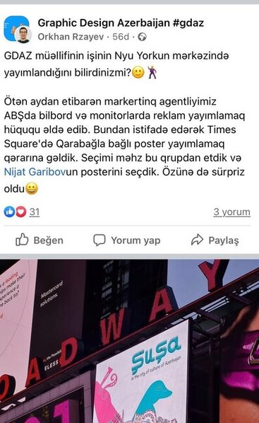 Azərbaycanlı dizaynerin "Şuşa" posteri Nyu-Yorkun məşhur MEYDANINDA - FOTO