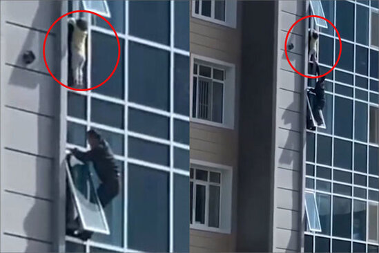 Kişi binanın səkkizinci mərtəbəsindən sallanan üç yaşlı uşağı xilas etdi - VİDEO