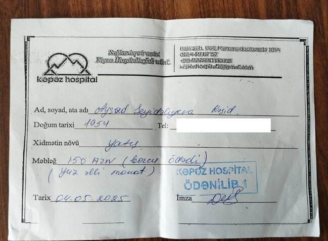 "Avropa Beynəlxalq hospitalı"nda Sevinc Babayeva əməliyyat üçün 1100 manat aldı -"Kəpəz"də Seymur Musayev 2500 manat tələb etdi