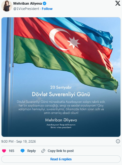 Mehriban Əliyevanın sosial şəbəkə hesablarında Dövlət Suverenliyi Günü ilə bağlı paylaşım edilib - Foto