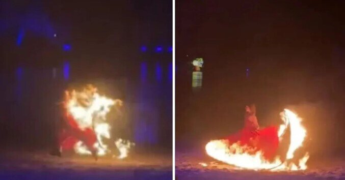 Şou zamanı paltarı alovlanan rəqqasə özünü çaya ataraq xilas oldu - VİDEO