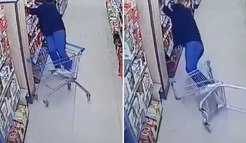 Marketdə təhlükəli anlar: Alış-veriş arabasına çıxan qadın işçi yıxıldı - VİDEO