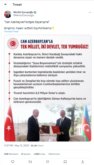 Çavuşoğlu Azərbaycanla bağlı paylaşım edib