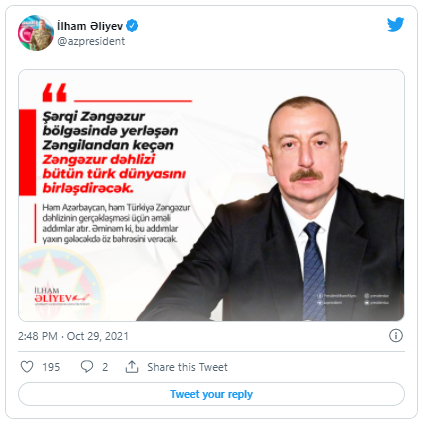 İlham Əliyevdən Zəngəzur dəhlizi ilə bağlı paylaşım - FOTO