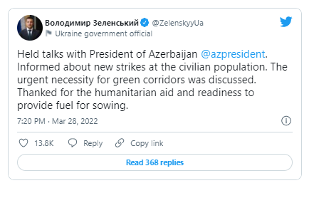 Zelenski Azərbaycan Prezidentinə təşəkkür etdi – FOTO