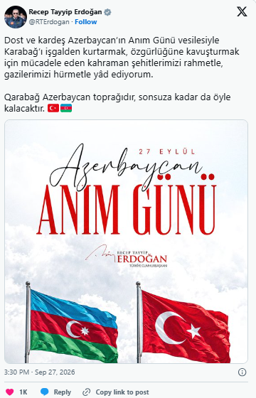 Ərdoğandan 27 Sentyabr MESAJI: "Qarabağ Azərbaycan torpağıdır, sonsuza qədər də belə qalacaq" - FOTO