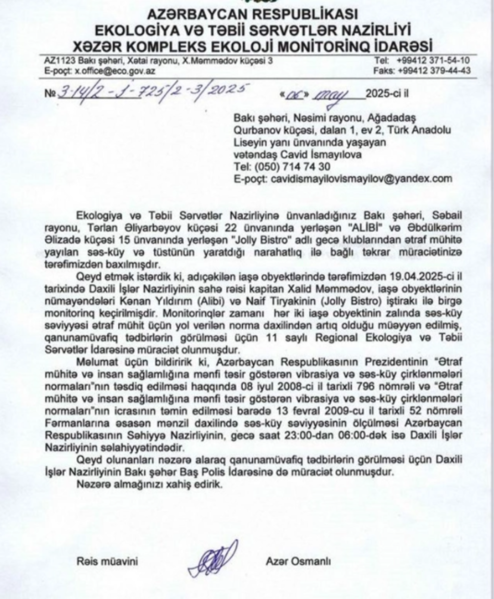 "Alibi" və "Jolly Bistro" gecə klubları barəsində hansı tədbirlər görüləcək?