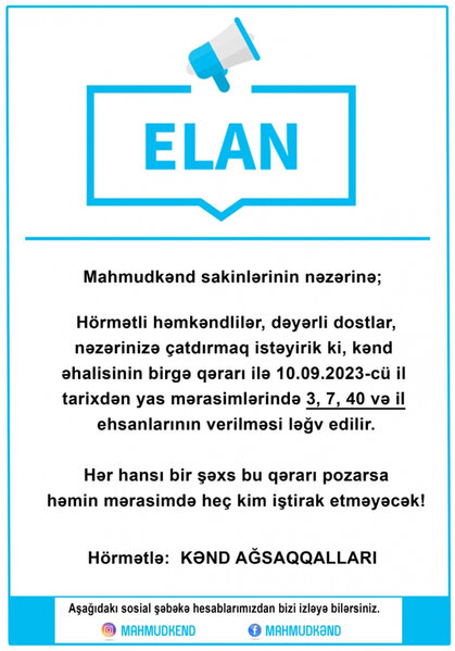 Azərbaycanın bu kəndində yas mərasimlərində ehsan verilməsi ləğv edildi - Qaydanı pozanlar... - FOTO