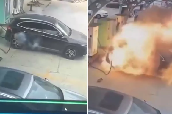 Elektrik avtomobili şarj edilərkən yandı - VİDEO