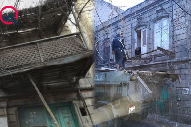 "Sovetski"də nazik dirəyin ümidinə qalan eyvan söküldü - FOTO/VİDEO