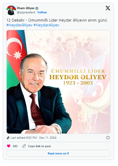 Prezident İlham Əliyev Heydər Əliyevin anım günü ilə bağlı paylaşım edib