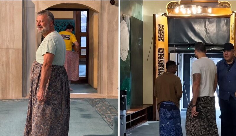 Məscid ziyarətində maraqlı anlar: Kişi turistlər ətək geyindi - VİDEO