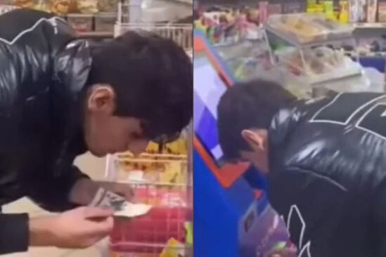 Azərbaycanda gənc əsginasın üzərinə tüpürərək ödəniş etdi - VİDEO