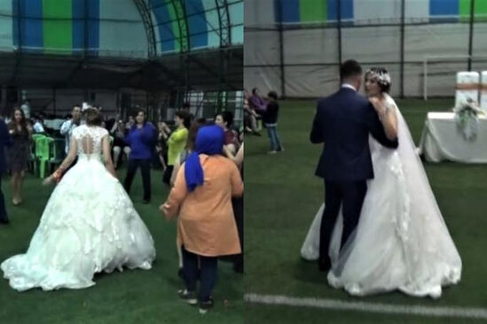 Məcbur qalan cütlük toyu futbol meydançasında keçirdi - VİDEO