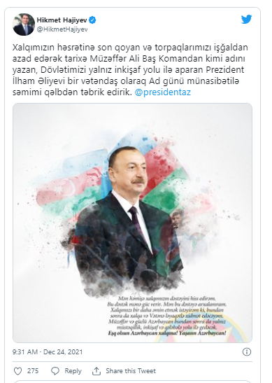 Hikmət Hacıyev İlham Əliyevi təbrik etdi - FOTO