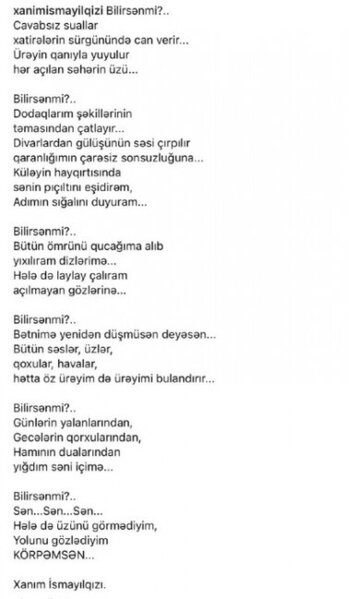 Xanım İsmayılqızından mərhum oğlu ilə bağlı paylaşım