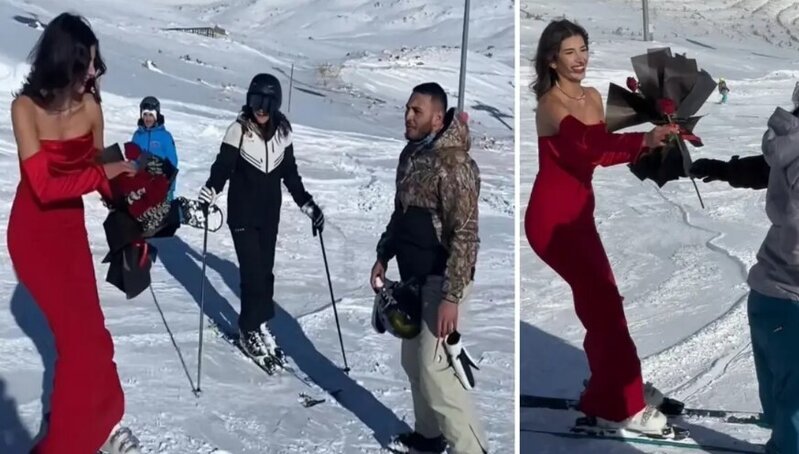 Qırmızı libası ilə xizək sürdü, gül payladı - VİDEO