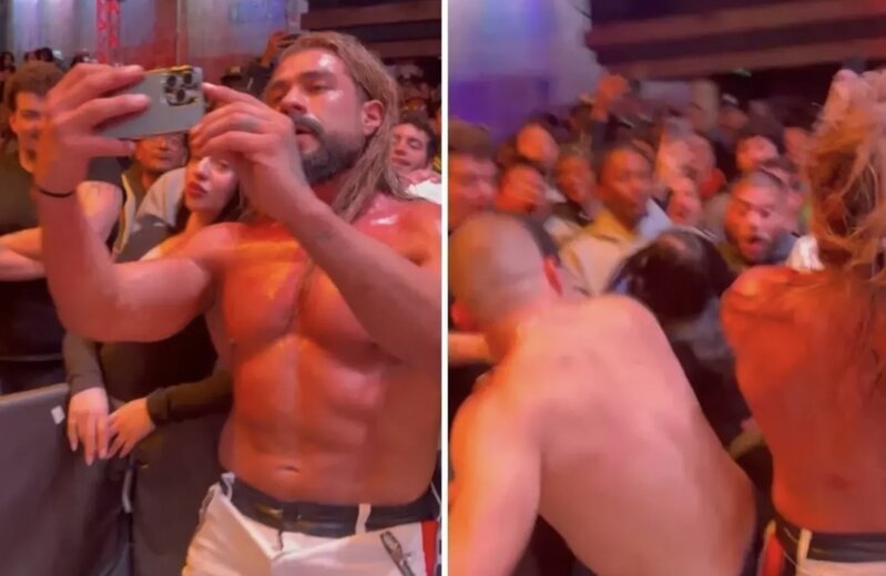 Məşhur güləşçi oyun zamanı rəqibi ilə foto çəkdirən qadını təpiklədi