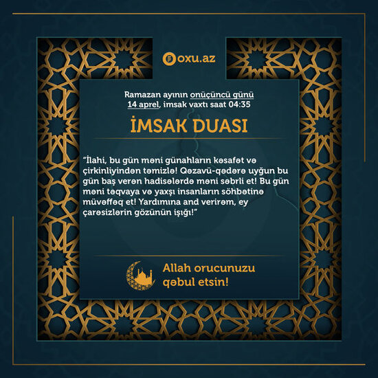 Ramazan ayının on üçüncü gününün imsak, iftar və namaz vaxtları – FOTO