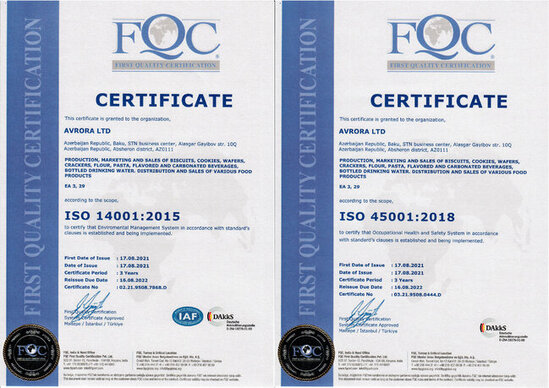 Avrora Qrup iki beynəlxalq sertifikat alıb: İSO 14001:2015 və İSO 45001:2018