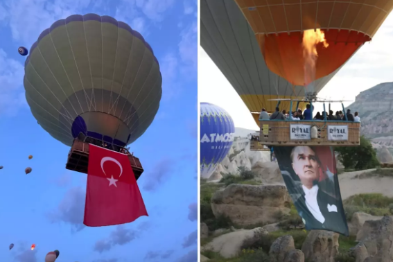 Kapadokyada göy üzü Türk bayraqları və Atatürk posterləri ilə bəzəndi - VİDEO