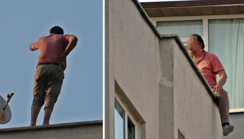 Arvadına əsəbiləşib dama çıxan kişi xilasedicilərlə görün necə oynadı