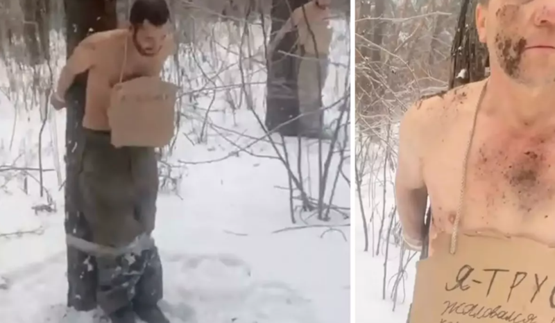 Rus komandir öz əsgərlərini qarlı havada ağaca bağlayıb, işkəncə etdi - VİDEO