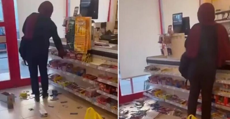Əsəb böhranı keçirən qadın marketi alt-üst etdi - VİDEO