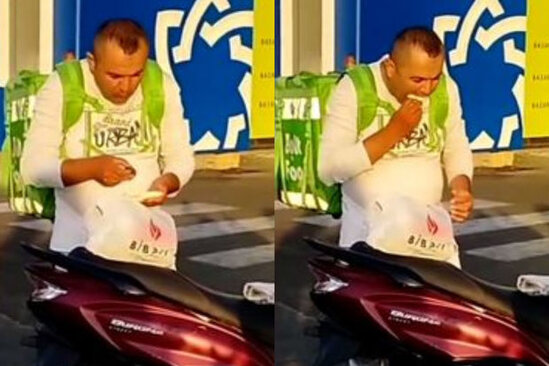 Bakıda kuryer müştərinin sifarişini həzm-rabedən keçirdi - VİDEO