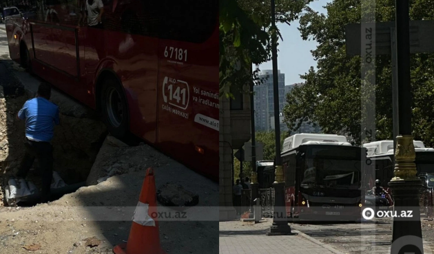 Sərnişin avtobusu şəhər mərkəzində çuxura düşdü
