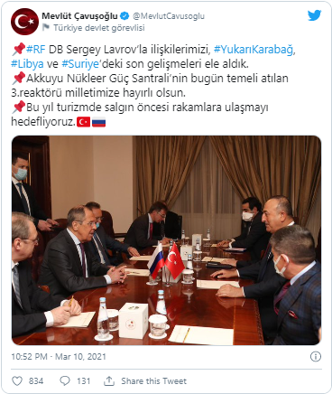 Mövlud Çavuşoğlu və Sergey Lavrov Dağlıq Qarabağı müzakirə etdilər - FOTO