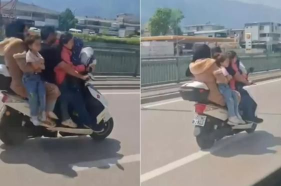 Motosikletlə təhlükəli səfər: 5 nəfərlik ailə bir motosikletdə görüntüləndi - VİDEO
