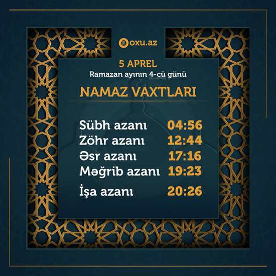 Ramazan ayının dördüncü gününün iftar və namaz vaxtları - FOTO