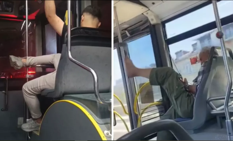 Avtobuslarda təəccübləndirən görüntülər: sərnişinlər tutacaqları ayaqları ilə çirkləndirirlər - VİDEO