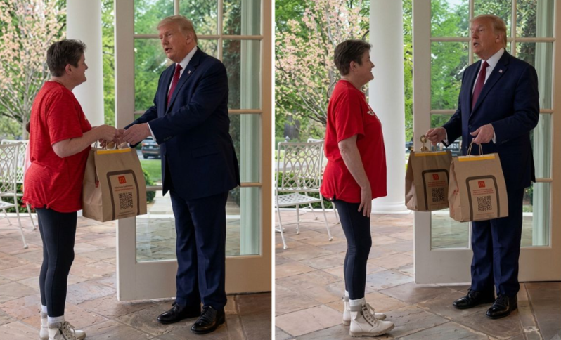 Tramp "McDonald's" sifarişini gətirən kuryerlə mətbuat konfransı keçirdi - VİDEO