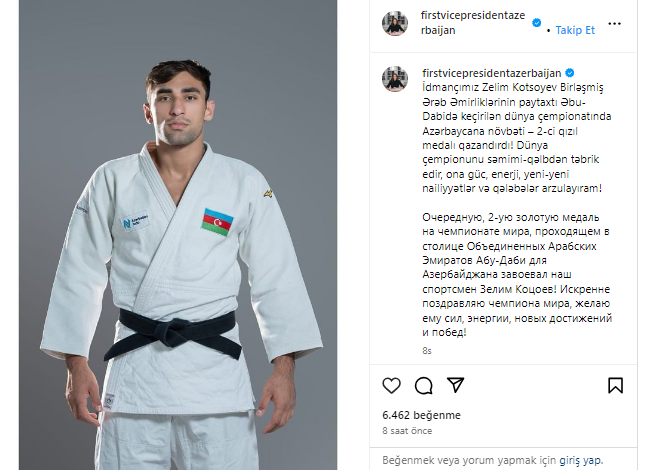 Mehriban Əliyeva Zelim Kotsoyevi qızıl medal qazanması münasibətilə təbrik edib