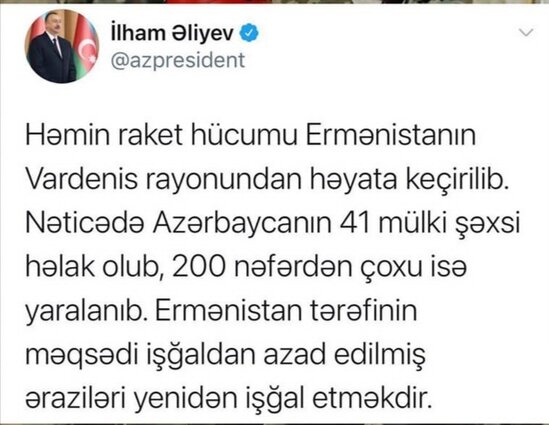 Azərbaycan Prezidenti: "Raket hücumu Ermənistanın Vardenis rayonundan həyata keçirilib"