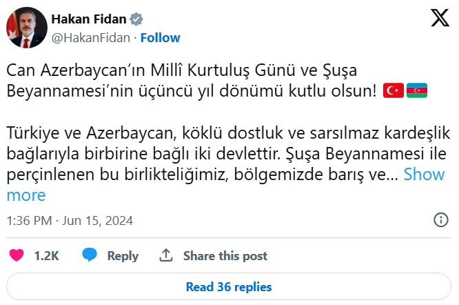 Hakan Fidan Azərbaycanı təbrik etdi