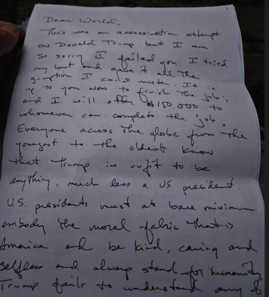 Trampa sui-qəsd cəhdi edən atıcı dünya üçün vəsiyyətnamə yazıb