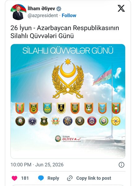 İlham Əliyev Silahlı Qüvvələr Günü münasibətilə paylaşım edib