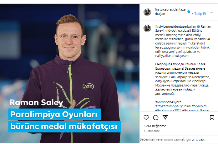 Mehriban Əliyeva Paralimpiya Oyunlarında bürünc medal qazanan Raman Saleyi təbrik edib