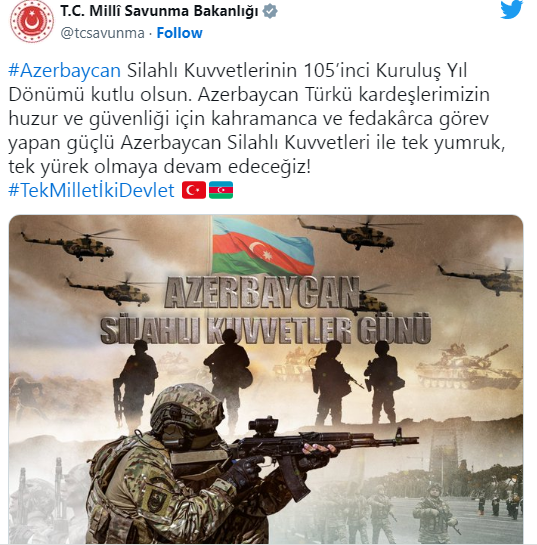 Türkiyə Milli Müdafiə Nazirliyi ölkəmizi təbrik edib - FOTO