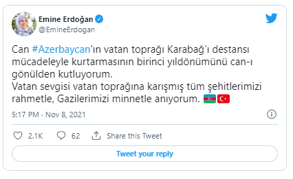 Əminə Ərdoğan Azərbaycan xalqını təbrik edib - FOTO