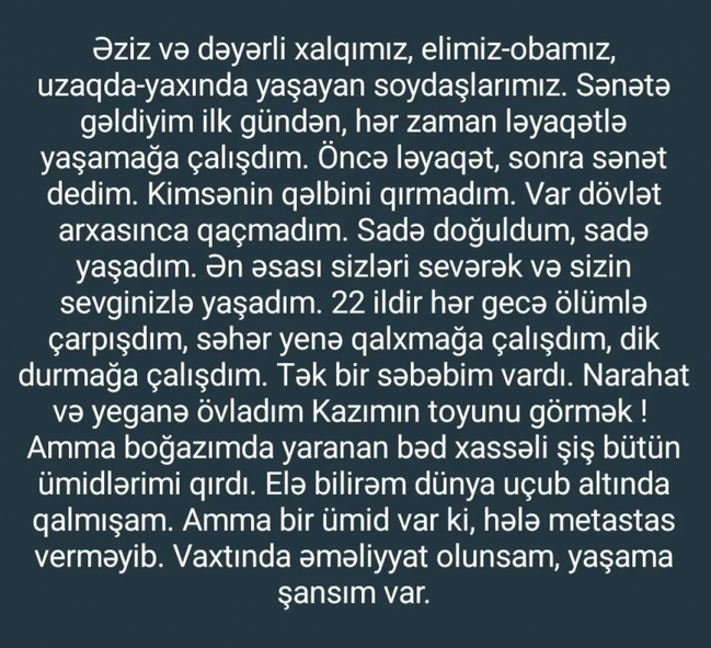 Könül Xasıyevaya 254 min lazımdır: "Boğazımdakı şiş ümidlərimi qırdı"